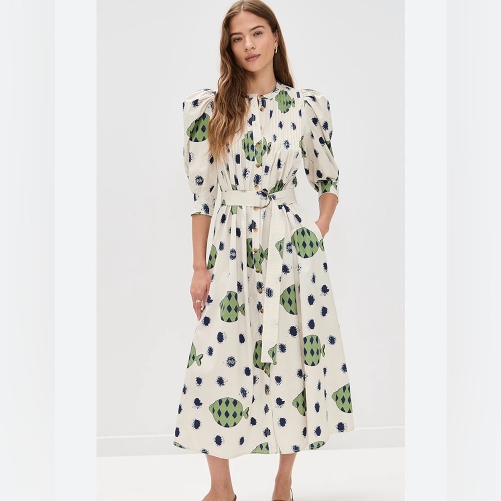 HUNTER BELL White Dress with Green and Blue Pattern